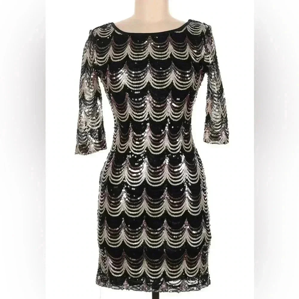 Crystal Doll Cocktail Dress Silver Navy Sequin Dress Size Medium
